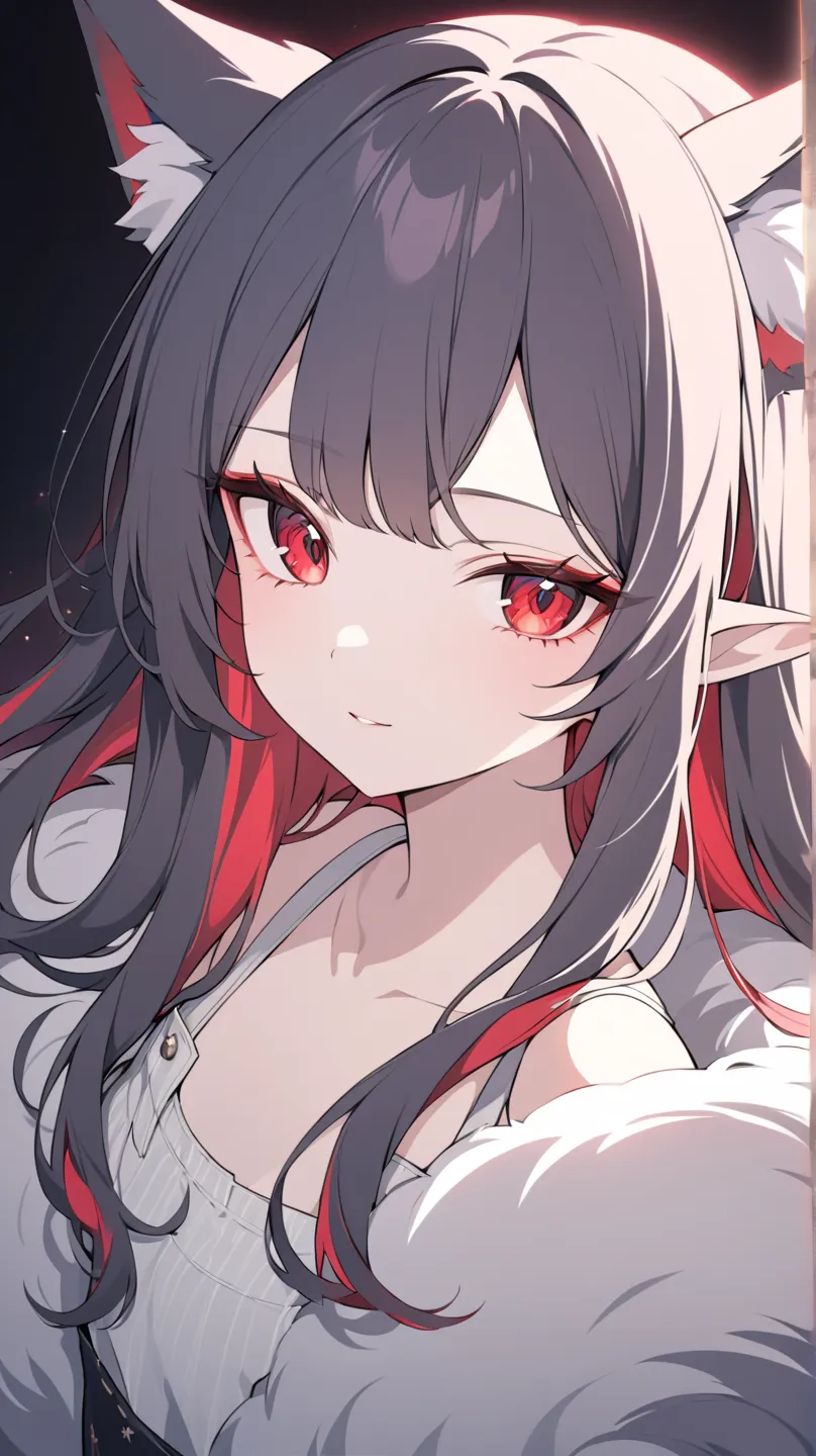 1 girl,  eyelashes, random expression:0.6, zitoida,multi colored hair,big breasts,  black hair, hair between eyes, red eyes,masterpiece, Highest quality,fur, chemo mimi,Animal Ears,Big tail,Alluring