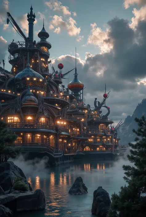 ( Highest quality ,4K,8k, high definition, masterpiece:1.2), ( fantasy steampunk castle-like airport where flying boats dock )( Fantasy a gorgeous fantasy where a steampunk flying boat is anchored in the sky)( lots of flying boats ) the coolest steampunk a...