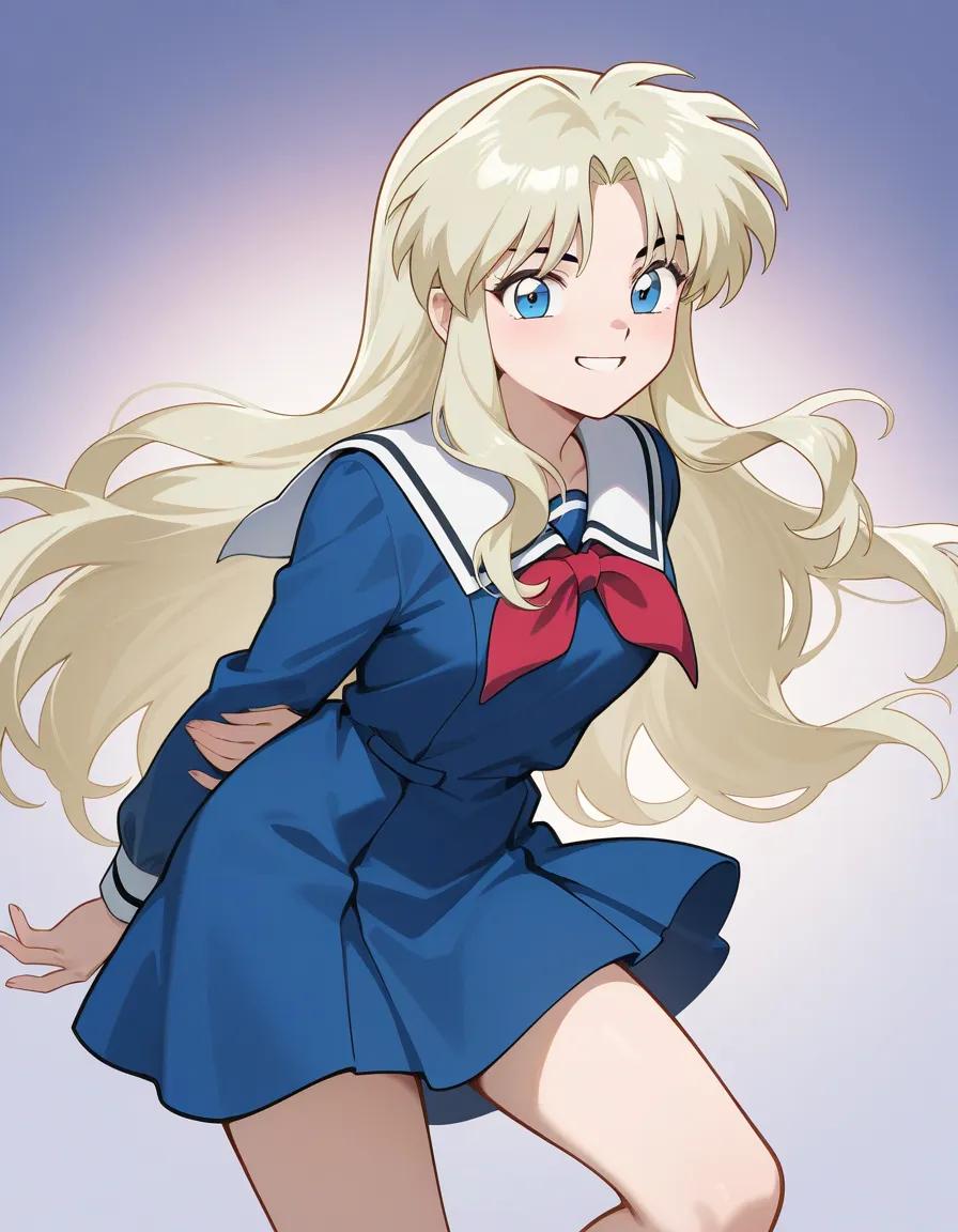 A beautiful girl that is an student of sixth grade of primary school. She has long curly light blonde hair with light blue eyes with blue dress uniform. She is determined, confident, smiling. Kind. inuyasha manga art style.
