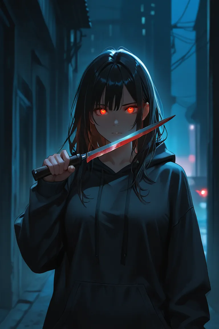 beautiful girl, long dark hair, attractive, top quality, masterpiece, glowing eyes, loose-fitting top, cinematic shot, dark ambience, night time, dynamic pose, mysterious, holding a bloody knife, hooded