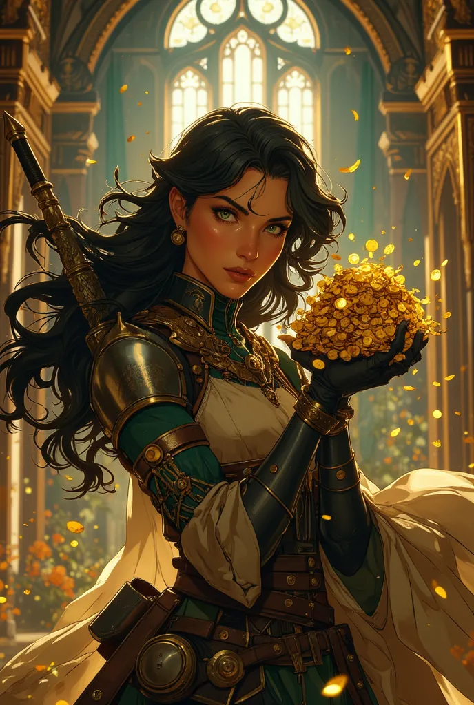 woman, warrior, black hair, with coins in hand, in a fantasy medieval warrior kingdom, standing tall and proud, holding gold coins tightly in her fist, ornate armor and weapons, detailed facial features, piercing gaze, cinematic lighting, dramatic atmosphe...