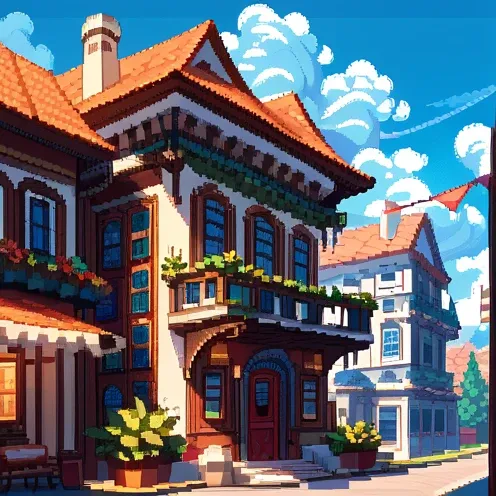  city nearby　It has a certain charm　Private house　front　 bright　Pixel art　Gradation