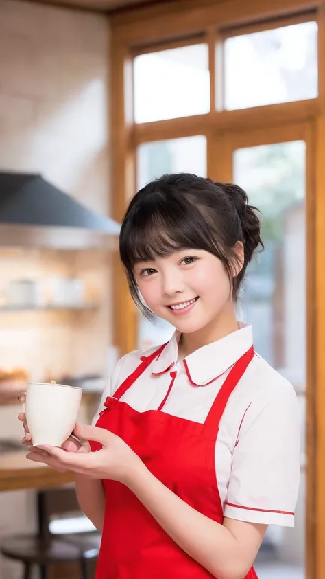 Only one woman, standing, (Staff uniform) (Red apron), /(Black hair/) Bangs, Gentle smile with blush on cheeks, (Top quality masterpiece :1.2) Super detailed delicate illustration, ((Big break)), (Cafe shop) Indoors, (((18 year old girl, Slim, ))), ((Red a...