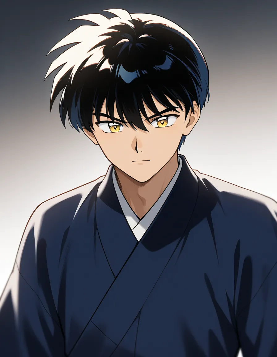 One boy. A tall handsome sixth grade of primary school student with black short hair, light cold-dead golden eyes, wearing fine and classy clothes. The boy is confident.  inuyasha manga cover art style. College different emotions.