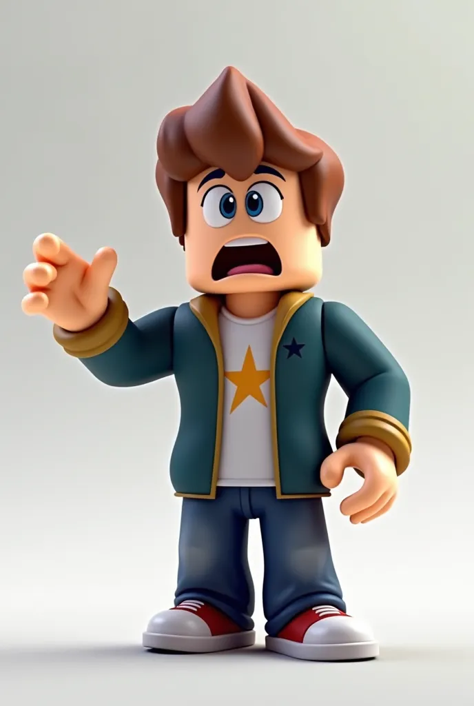 The roblox character shows with his left hand to the left with a surprised expression on his face