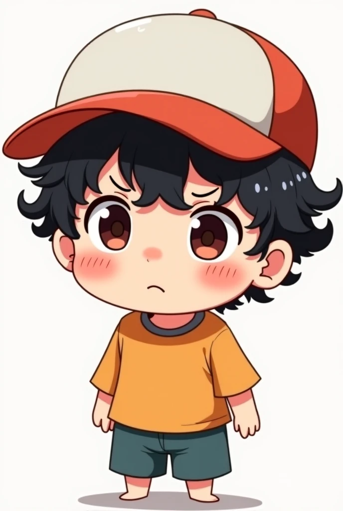 Chibi anime reaction confused curly haired boy with sports cap 