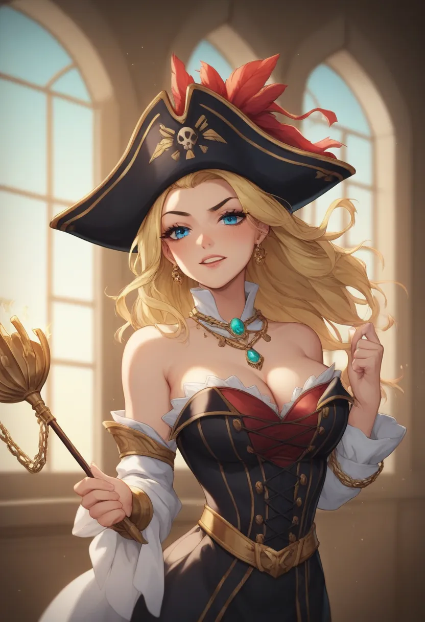 "Inside a dark and eerie temple, illuminated by flickering green torches and ancient glowing runes, a beautiful blonde pirate is trapped in magical restraints. She wears a black pirate outfit with gold embroidery, a wide-brimmed tricorn hat, and a tight co...