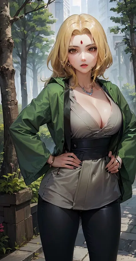 a woman with blonde hair, yellowish brown eyes, with a jewel/stone in the middle of her forehead, a thin and delicate face, fair skin, full breasts, a thin waist, a woman with a green jacket and black pants standing in a park, full body.