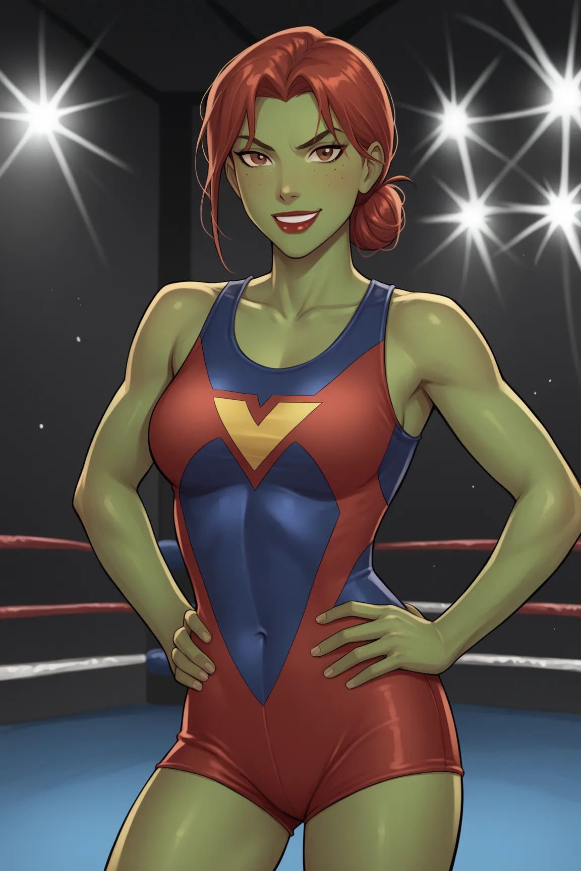 PonyXLV6_Scores BREAK (perfect anatomy, perfect eyes), BREAK mgann morzz, low bun hair, red hair, colored skin, green skin, freckles, brown eyes, makeup, bright red lipstick, ((looking at viewer)), superhero, dark blue wrestling singlet,  curvy, athletic, ...