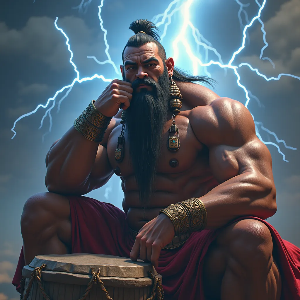 super image quality,Greatest Masterpiece,16k,Greatness,Wide Angle Lens,very realistic,the personification of the god of thunder,some muscle all over the body,long earlobe earrings with elbows on the knee,, I'm skipping the other side,have elbows on their k...