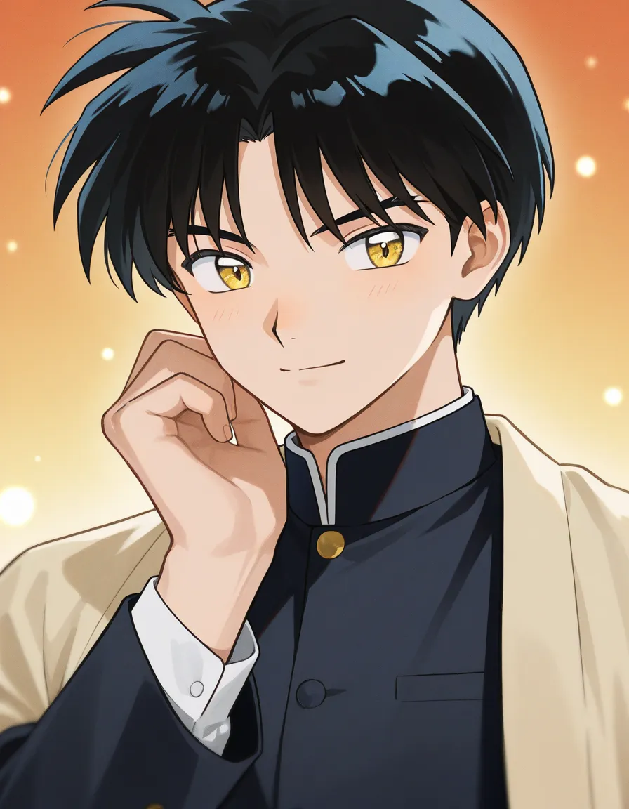 One boy. A sixth grade of primary school normal student with black short hair, light cold-dead golden eyes, wearing fine and classy clothes. The boy is confident.  inuyasha manga cover art style. College different emotions.