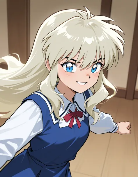 A beautiful girl that is an student of sixth grade of primary school. She has long curly light blonde hair with light blue eyes with blue dress uniform. She is determined, confident, smiling. Kind. inuyasha manga art style.
