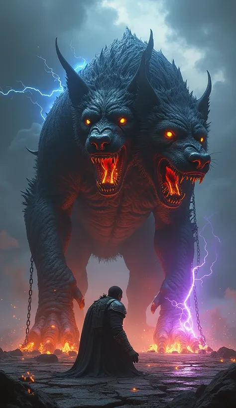 Hyper-realistic, high detail. A colossal three-headed Cerberus stands over a defeated human warrior kneeling on cracked, scorched ground. The right head breathes fire, illuminating the scene with a hellish glow. The central head exhales freezing mist, cove...