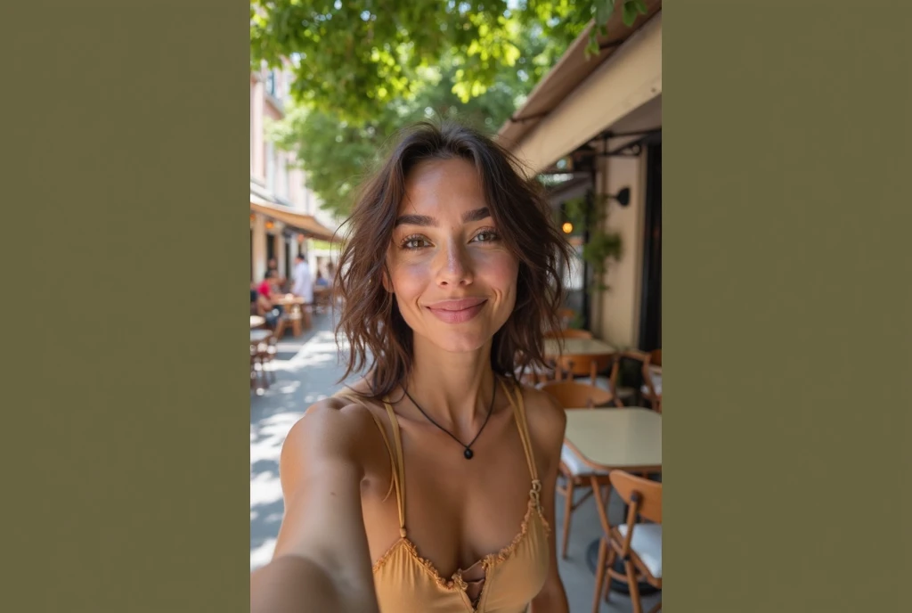 Une jeune adulte européenne Brune naturelle est des caractéristiques unique qui prend un selfie sur une terrasse d'un café 