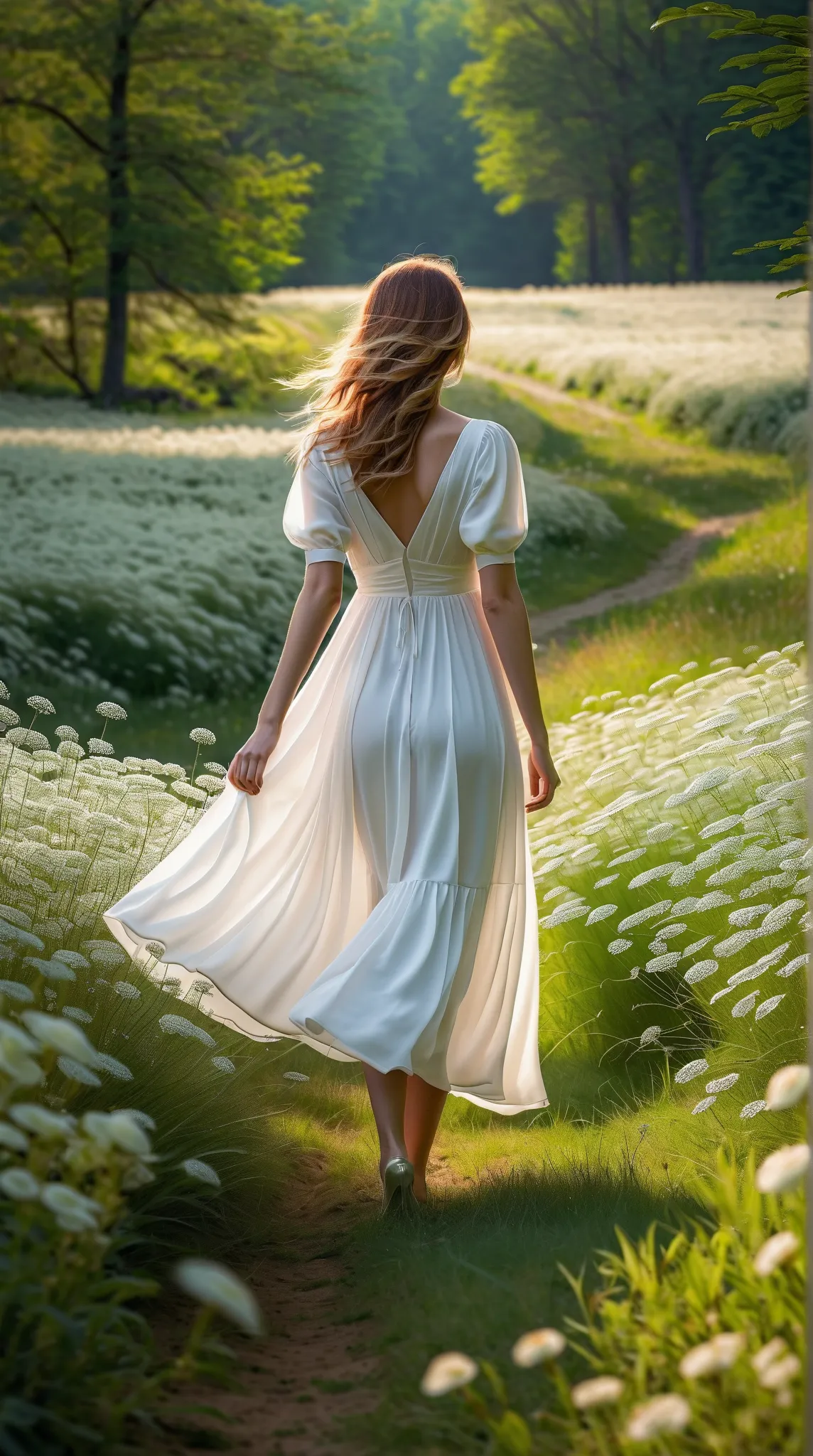 In the distance, in the sun, A girl in an airy white dress walks along the endless blooming field. Her silhouette is shrouded in soft light, creating a sense of ephemerality and mystery. On one side it is surrounded by a spring forest with gentle greenery,...