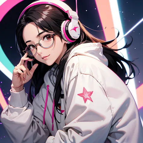  white hoodie with star pattern、 An anime character with glasses 、Please make it look like a 30-year-old adult、I see a big rainbow in the sky、 pink headphones 、 long black hair 、 laughs、brown eyes、 I'm wearing cool clothes。I&#39;It&#put a rainbow on the bl...