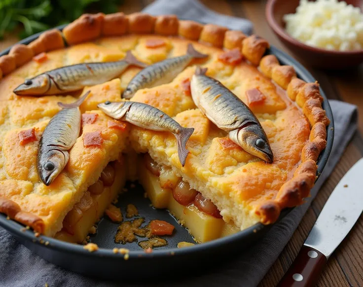 Certainly! Here's an English translation of the explanation about Stargazy Pie:

Stargazy Pie is a traditional pie dish from Cornwall, England. The most distinctive feature of this dish is that fish heads and tails protrude from the surface of the pie.

Ma...