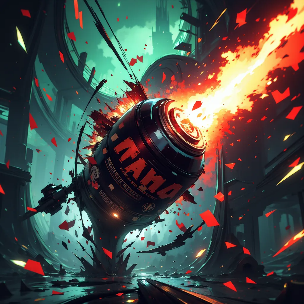 In a dystopian cyberpunk landscape, a deformed graffiti spray can bursts in a dramatic explosion of balanced chaos, its spherical blast ripping the can open, shards flying in all directions. The can soars against a circular backdrop, its nozzle erupting wi...