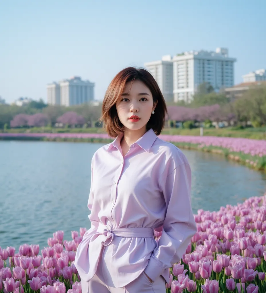 Realistics , beautiful Korean woman 48 years  chic bob cut high layered almond-brown wavy hair, wearing light purple shirt and trousers with belt, standing in front of purple tulips garden, Bueng Nong knot lake, Khon Kaen city, housing development on the b...