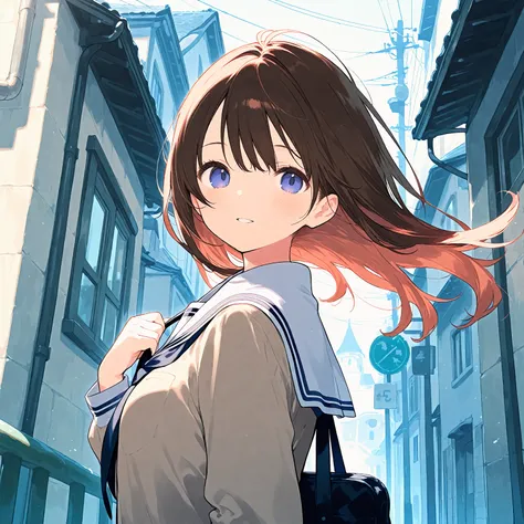 (masterpiece), (best quality), (ultra-detailed), artist:fujiyama, 1girl, route of a school, wind,
