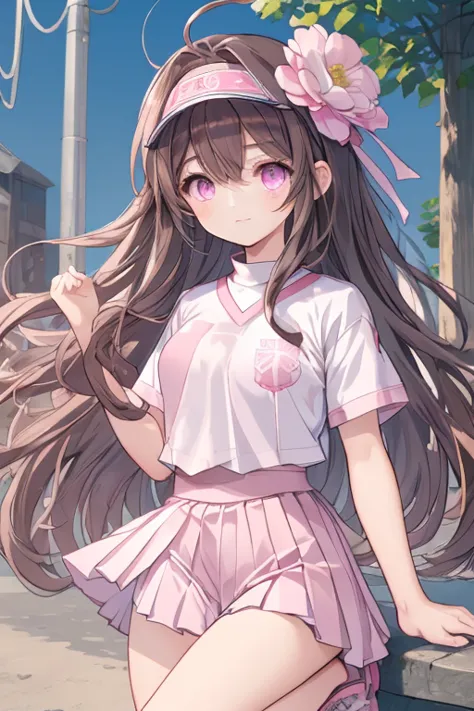  an anime girl,  Pink Eyes, Long brown hair,  pink sportswear, pleated pink skirt, pink sports skirt, top corto rosa, pink fitted top , white tennis shoes ((big white flower on the head)), white cap with visor, cuerpo completo.