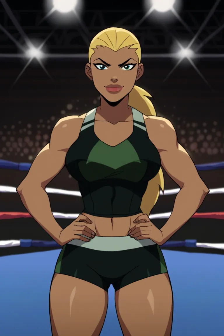 score_9, score_8_up, score_7_up, source_cartoon,artemis, blonde hair, long hair, big lips, dark skin, large breasts, dark green wrestling singlet,  BREAK standing, smile, closed mouth, determined expression, looking at viewer, solo, front view, face focus,...