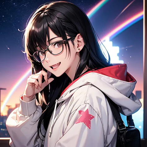 口を開けて laughs、Pull down your bangs 、 white hoodie with star pattern、 An anime character with glasses 、Please make it look like a 30-year-old adult、I see a big rainbow in the sky、 pink headphones 、 long black hair 、 laughs、brown eyes、 I'm wearing cool clothe...