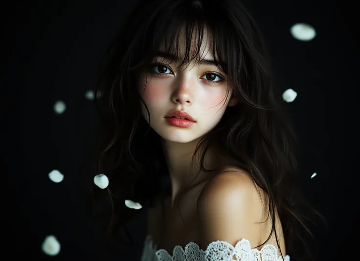 She appears to be a young woman with long, dark hair cascading around her shoulders. She has soft bangs framing her face, and the lighting creates a gentle interplay of light and shadow across her features. The background is dark, and there are delicate pe...