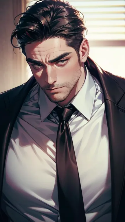 (    best quality,4K,8k,      highres,    masterpiece :1.2),    ultra-detailed    ,(Realistic,photoRealistic,photo-Realistic:1.37),36-year-old man,3 day beard,Beautiful anime,Portraits,strong,masculine,       with black hair  ,sharp jaw,           mesmeriz...