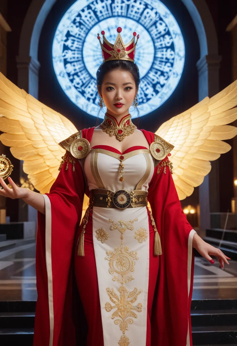 "A hyper-realistic, cinematic portrait of Queen Seondeok of Silla, the first ruling queen of Korea, standing with an aura of wisdom and power, fully dressed in historically accurate 7th-century Korean royal attire. She wears a magnificent golden crown ador...