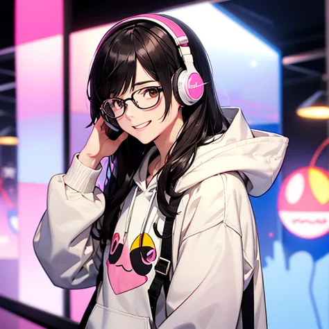 headphones、口を開けて laughs、Pull down your bangs 、 white hoodie with star pattern、 An anime character with glasses 、Please make it look like a 30-year-old adult、I see a big rainbow in the sky、 pink headphones 、 long black hair 、 laughs、brown eyes、 I'm wearing ...