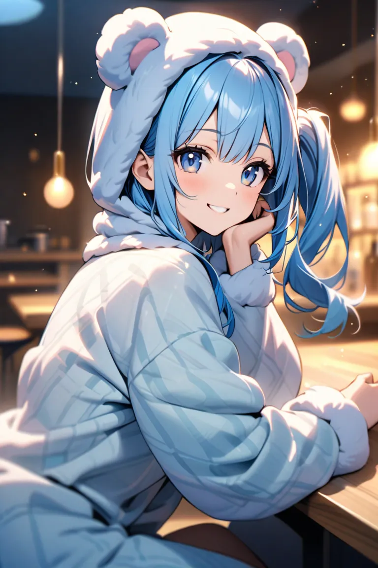 bear ear hood　 fluffy pajamas　Blue Hair　side ponytail　Beautiful Girl　 Smile　Beautiful Girl一人