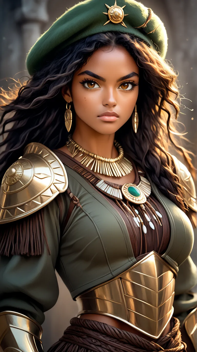 A young, black Brazilian warrior woman of tall, imposing stature, wearing shiny bronze armor that highlights her strong, feminine muscles. Her face is of rare beauty, with elegant features and an expression of determination and strength.
Her skin is a ligh...