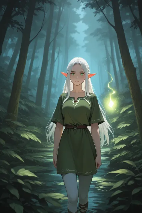 1 woman, elf, white hair, menace with bow, forest backward, clothes green and white