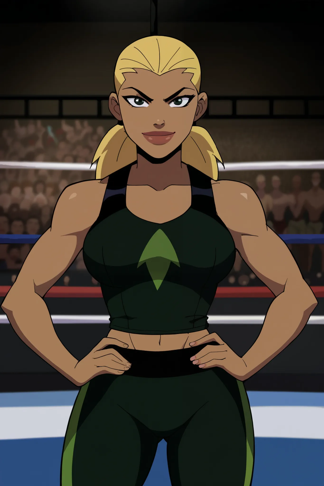 score_9, score_8_up, score_7_up, source_cartoon,artemis, blonde hair, long hair, big lips, dark skin, large breasts, dark green wrestling singlet,  BREAK standing, smile, closed mouth, determined expression, looking at viewer, solo, front view, face focus,...