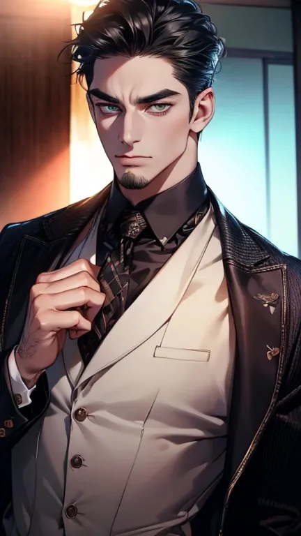 (    best quality,4K,8k,      highres,    masterpiece :1.2),    ultra-detailed    ,(Realistic,photoRealistic,photo-Realistic:1.37),36-year-old man,3 day beard,Beautiful anime,Portraits,strong,masculine,       with black hair  ,sharp jaw,           mesmeriz...