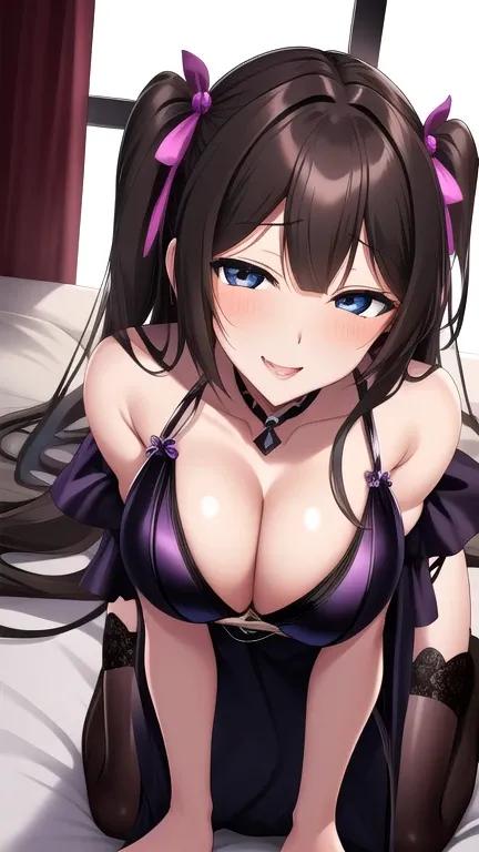  erotic、black hair twin tail、long hair、 dark brown skin 、黒 brown skin、 brown skin、 dark brown skin 、Tall Length、Big Breasts, alone、 Lustful purple gothic lolita, pink lights、dark bedroom bed、 Highest quality, detailed faces, detailed eyes, high definition,...