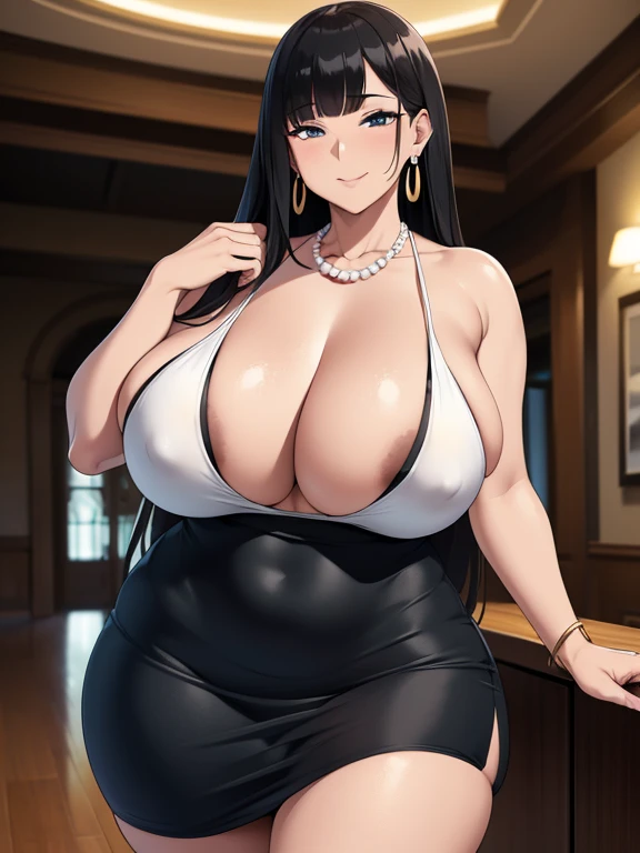 (best quality,4k,8k,highres,masterpiece:1.2), ultra-detailed, UHD, sexy woman, mature, milf, huge breasts, large breasts, dark skin, curvy, voluptuous, legs, black hair (straight bangs), very long hair, short dress, pearl necklace, earrings, grinning, walk...