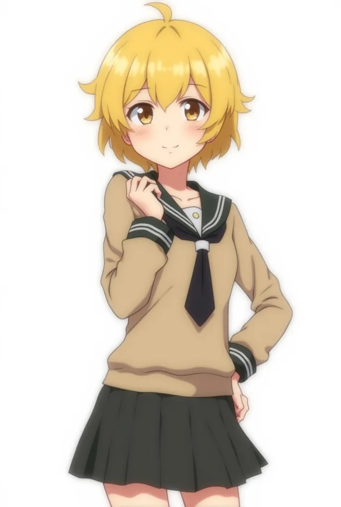 screenshot of My Hero Academia.   old girl, short yellow hair and brown eyes, mode with the UA uniform, cuerpo completo,  with a white background, in the style of horikishi
