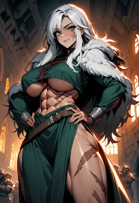 female, solo, close up, giantess, barbarian, long hair, wild hair:1.3, extremely tall, long arms, long thighs, black hair, black and white hair, two-tone hair, very broad shoulders, huge arms, bulky arms, bulky body, extremely large, imposing, battle scars...