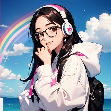 Open Your Mouth and Laugh、 Star-patterned white hoodie、 anime character with glasses 、make me look like a 30-year-old adult、I see a big rainbow in the sky、  pink headphones  、  long black hair  、 Laughter、brown eyes、 I'm wearing cool clothes。I&#39;It&#Put ...