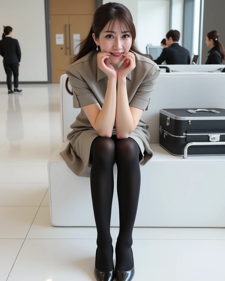 (      photorealism   :1.2)、 full body portrait 、Smelling black high    socks 。    beautiful日本人モデル、39;    thick legs、  woman  、39;     Office worker uniform        、   Black High Heels   、smile、Bench on the White Floor   、    open your legs a little 。 supe...