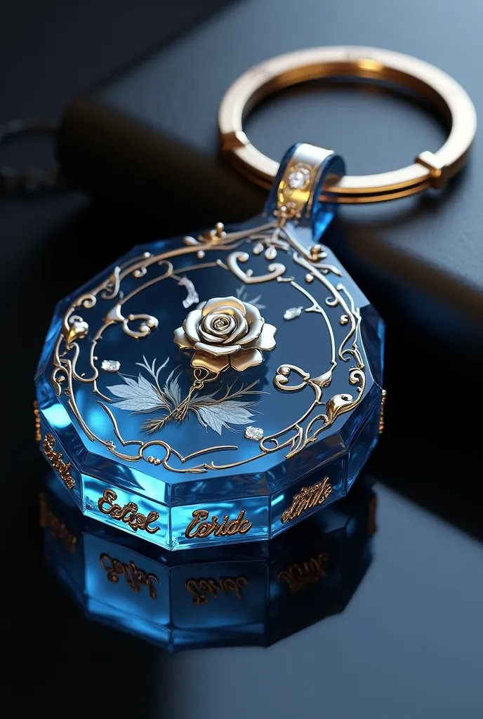 A 3D rendering of a modern blue crystal keychain with gold details. The keychain has a rose printed on one side and a dark white 3D printed clock with hands on the other, symbolizing love and connection. At the bottom there is elegant raised silver text. T...