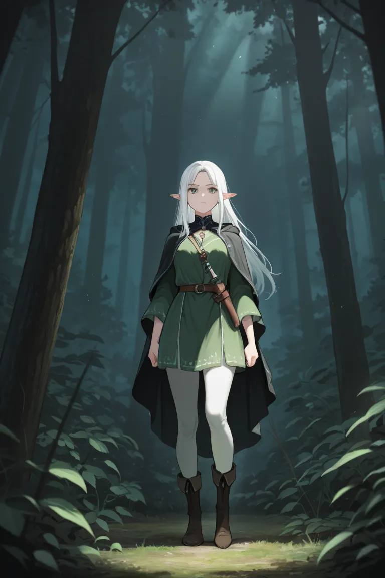 1 woman, elf, white hair, menace with bow, forest backward, white clothes, black cap