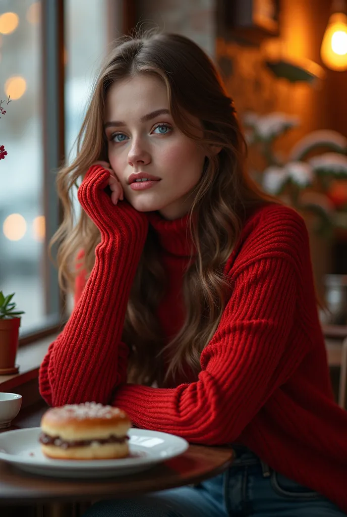  young woman, chestnut, With eyes color electric blue. 
Dressed in denim pants and a red sweater. Sitting in a coffee shop eating dessert. in winter.