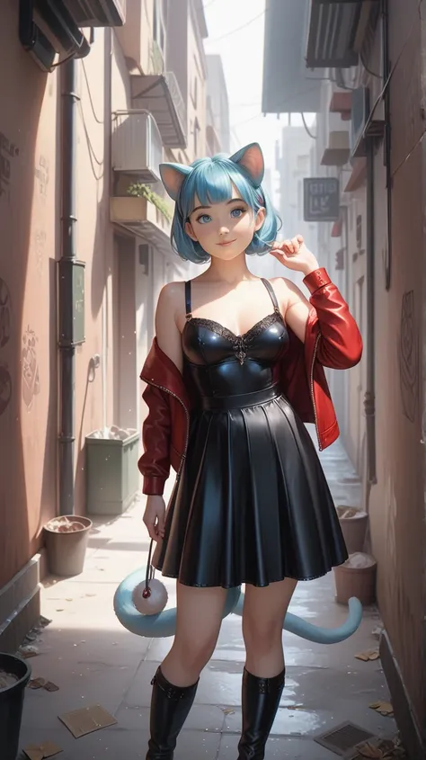 two twin Nekos , em um beco,  blue hair,  blue eyes,  fair skin, medium breasts, one is wearing black clothes, the other is wearing red clothes, Neko's tail , neko ears, by day, looking at the viewer.