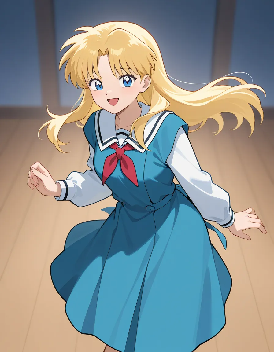 A girl named Mary Anne that is an student of sixth grade . She has long blonde hair with light blue eyes with blue dress uniform. She is happy, confident, smiling. unworried. enjoying. inuyasha manga cover art style.