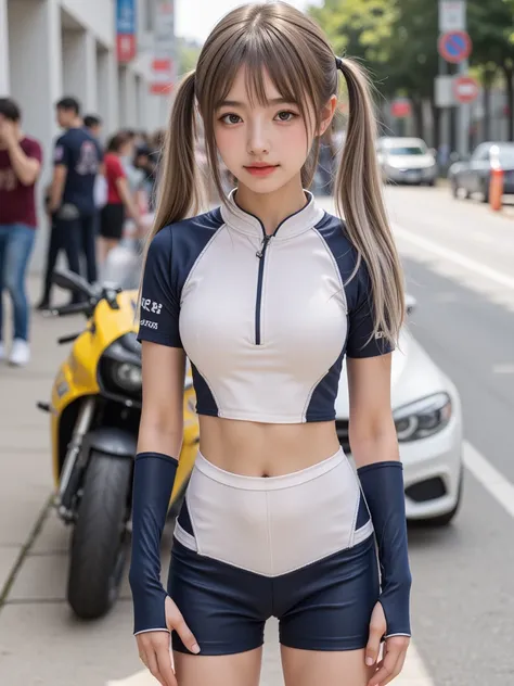 Highest quality, RAW photo, Ultra HD, 18-year-old Korean, beauty, big breasts:1.5, breast crack:1.5, healthy skin tone, fair and smooth skin, (twintails, Flowing hair), ((Light brown silver hair)), beautiful eyes in various colors, thin lips, beautiful eye...