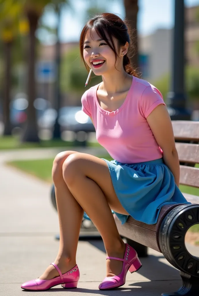 photo-realistic, ultra-realistic, very beautiful Japanese dancer,dramatic scene, masterpiece, pink shirt, blue skirt, pink Mary Jane tap shoes. Suntan pantyhose, metal dance plates attached to the toes and heels of the tap shoes, happy alone on a park benc...