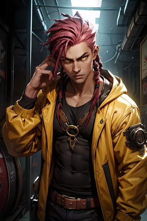 Score_9, Score_8_up, Score_7_up, Score_6_up, anthro,\(quality\), L0LSPL4SH, year2024, year2023, 1male, solo, long pink dreads, dark skin, yellow eyes, dominant posture, crazy look, upperbody, long yellow jacket, open jacket, black tank top, posing, holding...